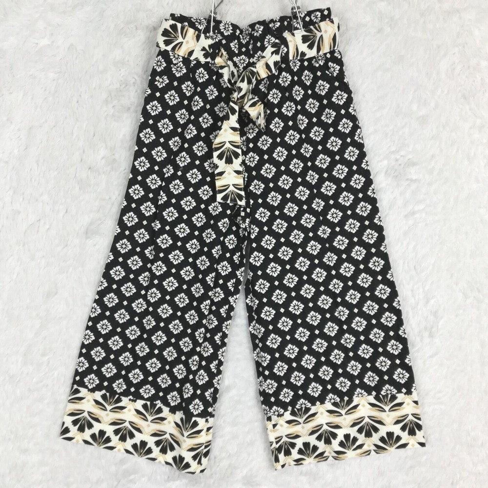 Girls Pants Wide Leg Linen Blend Black Floral Boho Belted XS 4 New
